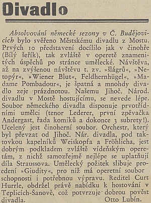 Takto českobudějovický "Hlas lidu" psal o jisté symbióze
 německé a české divadelní scény pod Hurrleho vedením