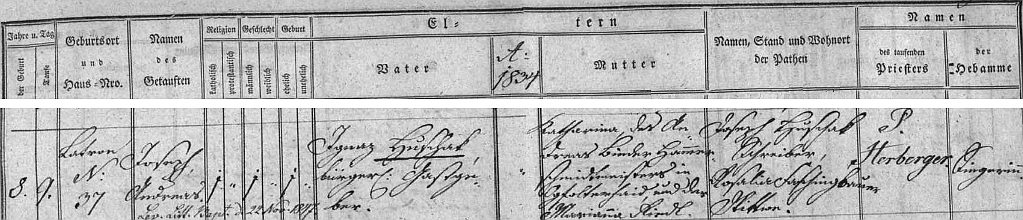Záznam z českokrumlovské matrice z 8. června roku 1834 svědčí o jeho narození v domě čp. 37 na Latráně Ignazi Huschakovi a jeho ženě Katharině, roz. Binderové z dnes zaniklého Jablonce (Ogfolderhaid)