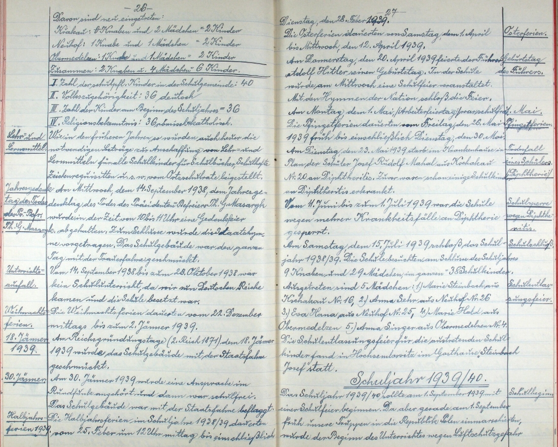 Stránky školní kroniky s jeho zápisy z let 1938-39