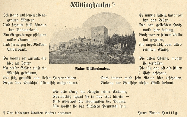 Jeho báseň o Vítkově Kameni se původně objevila takto otištěna v českobudějovickém měsíčníku Waldheimat