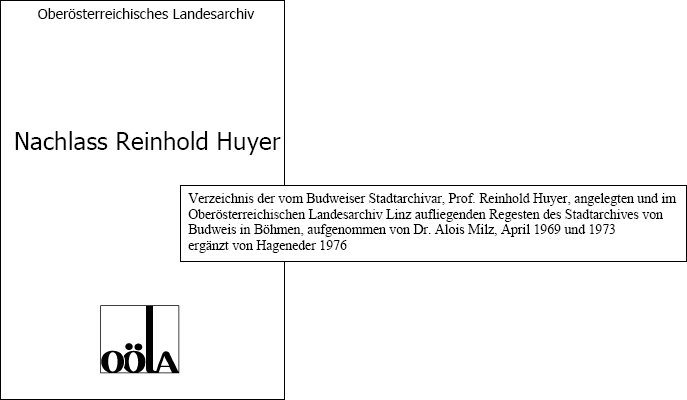 Soupis pozůstalosti Reinholda Huyera v Hornorakouském zemském archivu, pořízený Dr. Aloisem Ernstem Milzem v roce 1969 a 1973, později ještě doplněný