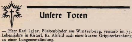 Stručná zpráva o Iglerově úmrtí v Kirtorfu následkem zápalu plic, bohužel bez uvedení přesnějšího data