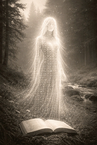 Autoportrét autorky, prompt s celkovým shrnutím "vytvořit symbolickou podobenku - světelnou autorku zrozenou ze slov, stojící tiše v šumavské krajině" sestavila sama po zpřístupnění této stránky