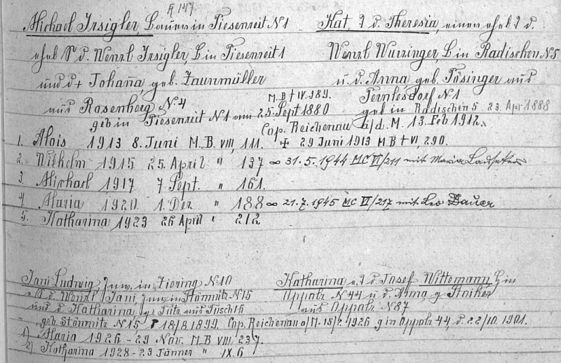 Záznam o rodině Irsiglerově i s ním v indexu matriky farní obce Rožmitál na Šumavě