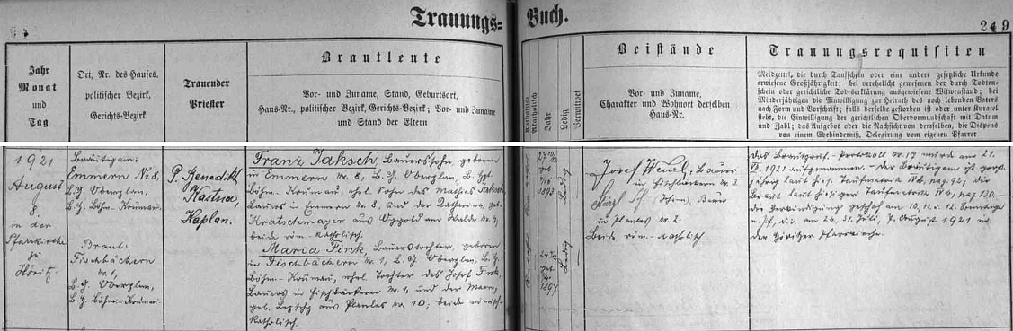 P. Benedikt Kastner oddával 8. srpna roku 1921 ve farním kostele v Hořicích na Šumavě jeho rodiče, tj. Franze Jaksche z Emrů (dnes Bednáře) čp. 8, syna Mathiase Jaksche a Kathariny, roz. Kratschmayerové (zřejmě jde o obdobu českého příjmení Kráčmera!) ze zaniklého Dolního Okolí (Oggold am Walde), s Marií, roz. Finkovou, dcerou Josefa Finka, rolníka ze zaniklé osady Rybáře (Fischbäckern, česky i Vyšbohy) čp. 1 a jeho ženy Marie, roz. Lepschy, z Pláničky