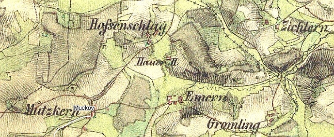 Lokalizace obce Bednáře, vpravo od čísla 54 v kroužku je patrný červený půdorys Maurerových "vierkantu" (viz i Ernst Kurz)