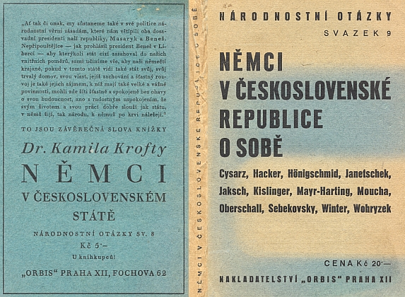 Obálka (1937) knihy, vydané v Praze nakladatelstvím Orbis, která se i za jeho účasti snažila opožděně zamyslit nad otázkou palčivě zrající k "národně socialistickému" řešení