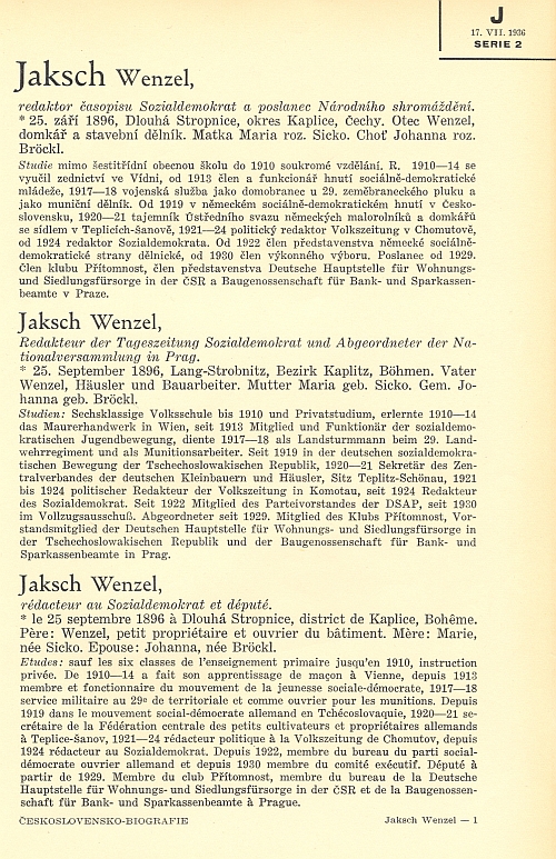 Jeho osobní list v reprezentační Biografii Československa z roku 1936
svědčí o tom, nakolik se cítil s republikou srostlý