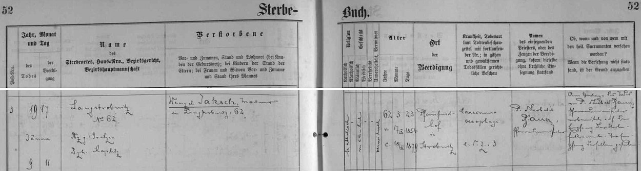 Záznam matriky farní obce Horní Stropnice o úmrtí zedníka Wenzela Jaksche 9. ledna 1917 v Dlouhé Stropnici čp. 62 (otec "našeho" Wenzela Jaksche to zřejmě nebyl, ačkoli i jméno otcovo a synovo se nijak nelišilo, poněvadž podle podrobného životopisu, jehož autorem je ve sborníku Wenzel Jaksch - Sucher und Künder /tj. "hledač a posel"/ Ernst Paul, zemřela matka v devíti /1905/, otec v šestnácti letech synova věku /1912/)