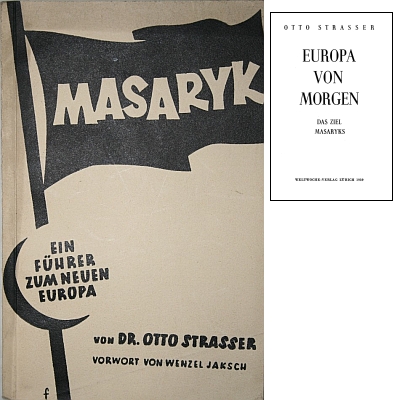 Obálka (1938) knihy "Masaryk : ein Führer zum neuen Europa" s Jakschovou předmluvou, která je součástí osobní knihovny Karla Čapka - její vydání z roku 1939 v témže nakladatelství Weltwoche ve švýcarském Curychu nese název "Europa von Morgen : das Ziel Masaryks"