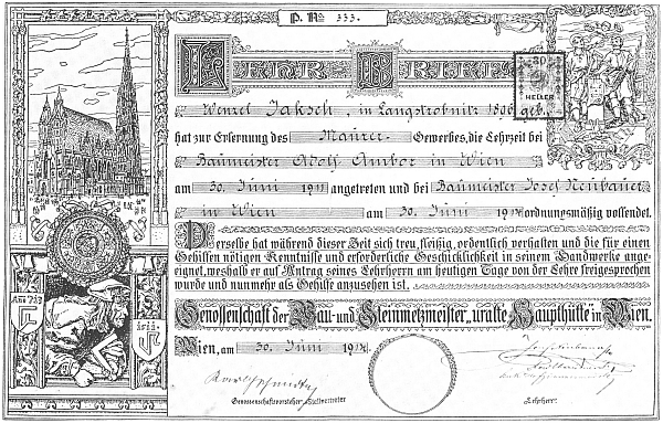 Výuční list Wenzela Jaksche, vystavený jako osvědčení jeho původně zednické profese roku 1914