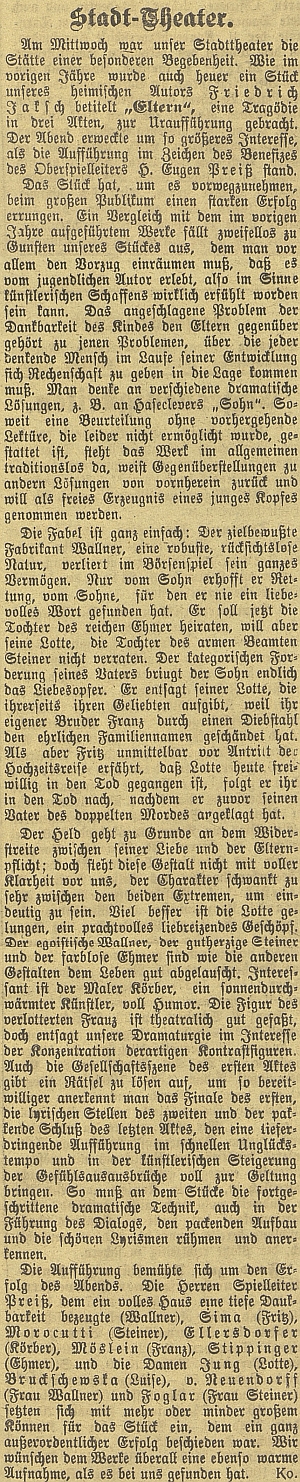 Jeho hra "Eltern" byla v rodných Budějovicích uvedena v lednu 1918