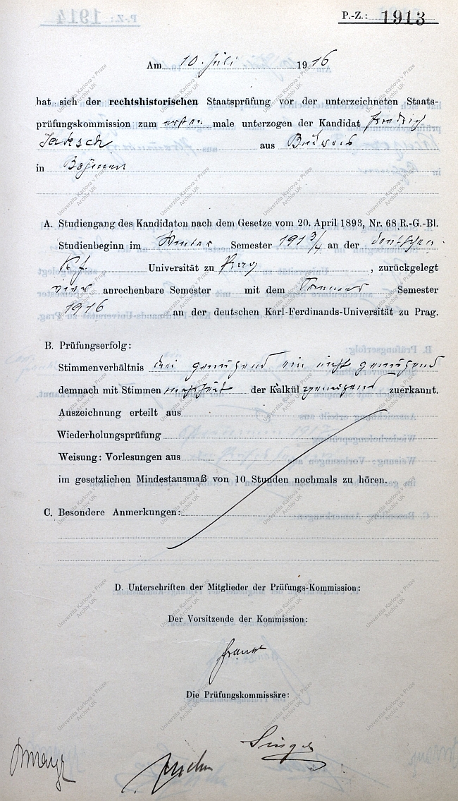 Jeho zkušební protokol z pražské německé univerzity