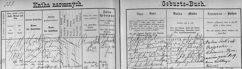 Záznam v českobudějovické "Knize narozených" svědčí i o tom, že se zde pokřtěný v roce 1920 oženil v Bílině s Katharinou Palmeovou a v prosinci 1938 jako přesvědčený národní socialista vystoupil z římskokatolické církve