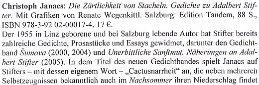 Obálka (Edition Tandem Salzburg, 2009) a recenze jeho knihy veršů pod názvem "Něha ostnů", věnovaných Adalbertu Stifterovi i s jeho kaktusářskou vášní