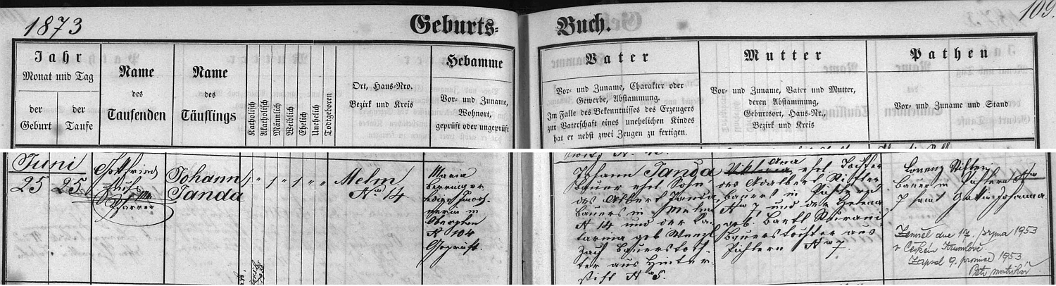 Záznam o jeho narození v hornoplánské matrice s přípisem o úmrtí