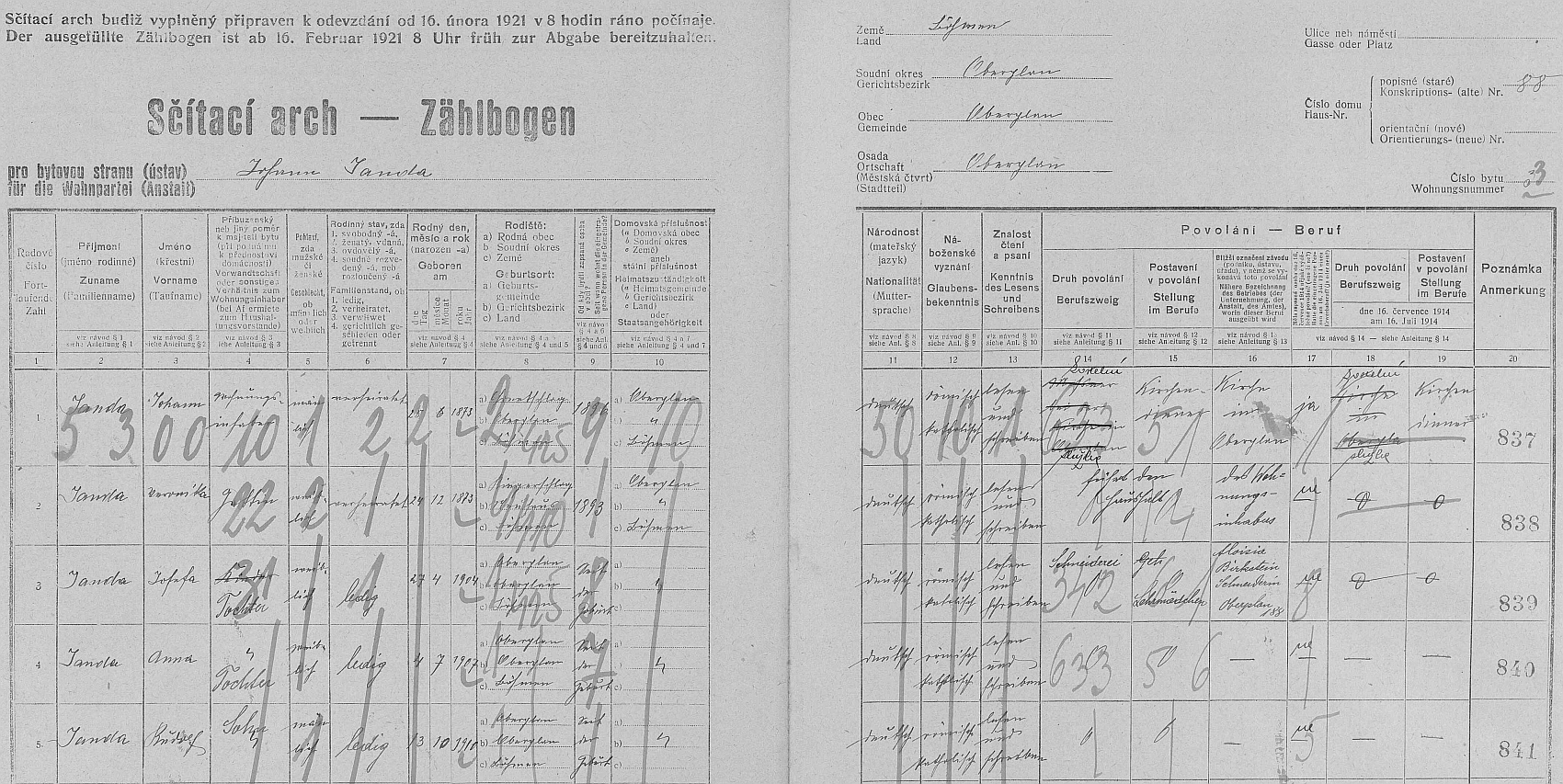 Arch sčítání lidu z roku 1921 pro byt č. 3 v domě čp. 88 v Horní Plané