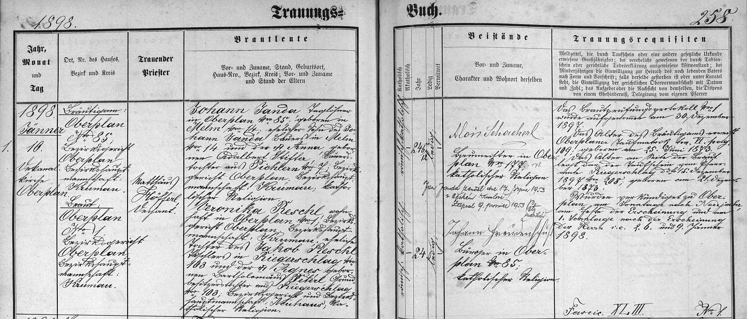 Záznam o svatbě v hornoplánské knize oddaných