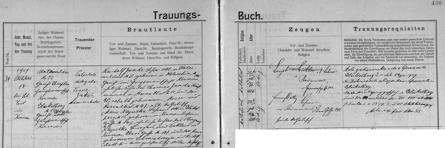 Záznam o svatbě v českokrumlovské knize oddaných, učil tehdy v Dolní Vltavici a bydlel na čp. 22