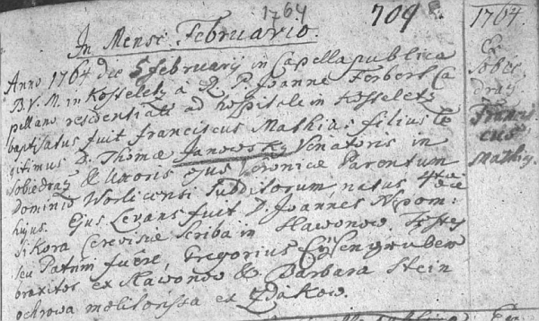 Záznam o jeho křtu 5. února 1764 v kovářovské matrice