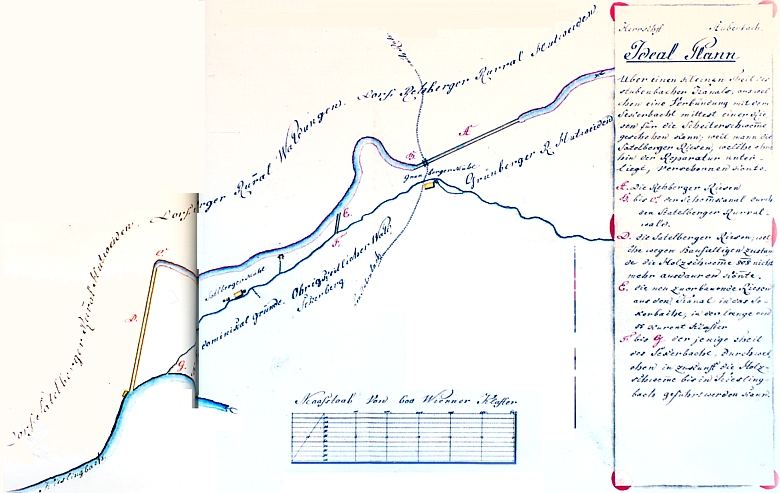 Plán Franze Janowskyho na změnu řešení skluzu Sekerského potoka, na jehož zvlněné trase jsou vyznačeny mlýny Sattelbergmühle a Grünbergermühle