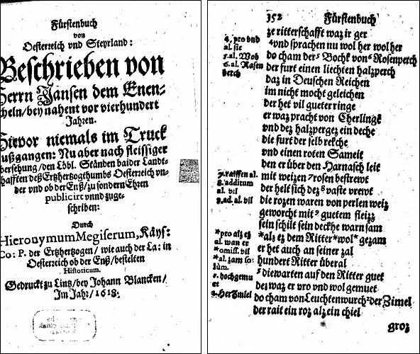 Titulní list lineckého vydání (1618) Enikelova díla "Fürstenbuch" s pasáží o Vokovi z Rožmberka
v dobově fonetickém přepisu