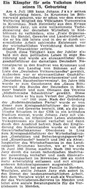 Medailon k jeho pětasedmdesátinám na stránkách ústředního listu vyhnaných krajanů roku 1955