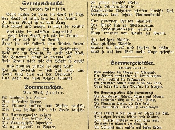 Dvě její "letní" básně figurují v Budweiser Zeitung vedle té o letním slunovratu, jejímž autorem je Ottokar Winicky