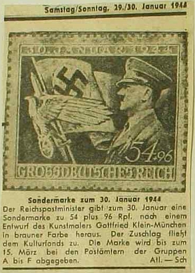 Zvláštní známka "Velkoněmecké říše", vydaná roku 1944 k 11. výročí Hitlerova uchopení moci - co asi bylo toho času s Mary Jaukerovou?