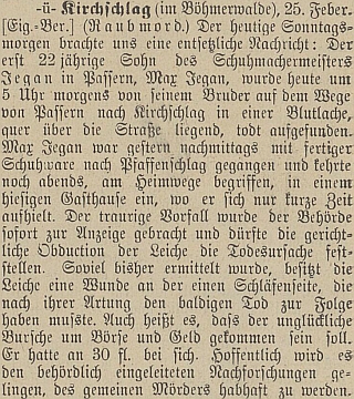 Zpráva českobudějovického německého listu o loupežné vraždě, jejíž obětí se stal jeho bratr Max