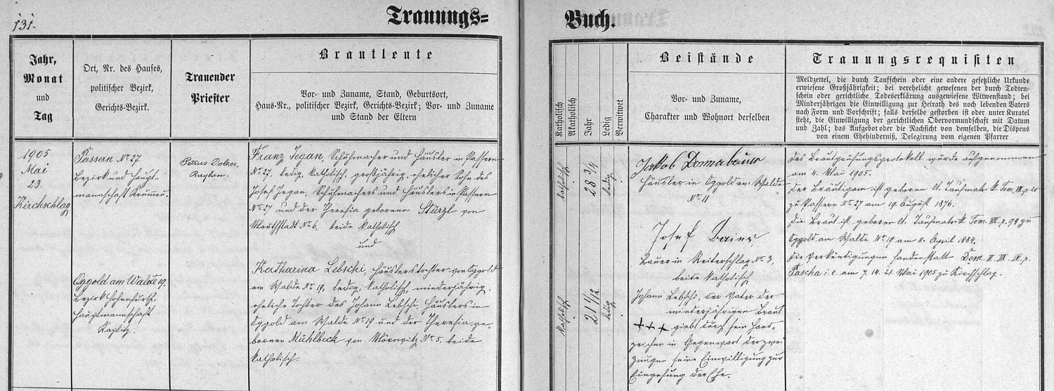 Záznam oddací matriky farní obce Světlík o jeho první svatbě