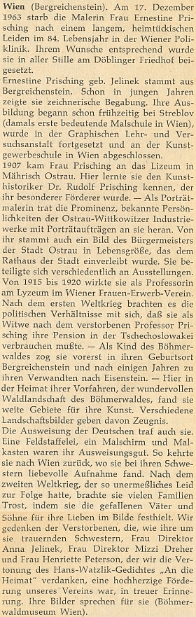 Nekrolog její sestry Ernestine, provd. Prischingové, z něhož se dovídáme i o tom, že další ze sester Jelinekových, totiž Henriette, provd. Petersonová, zhudebnila báseň Hanse Watzlika "An die Heimat"