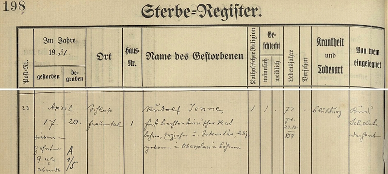 Záznam o jeho skonu v úmrtní matrice farní obce Deutschlandsberg