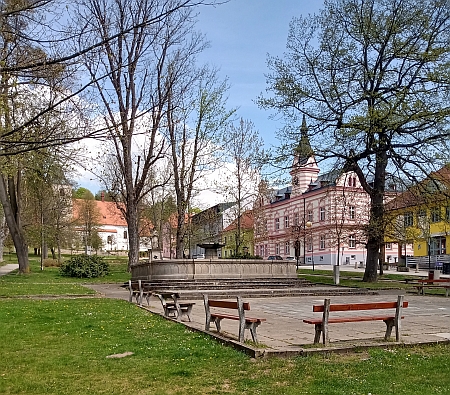 Náměstí v Horní Plané, dub vpravo vedle kašny zasazen v dubnu 1939 k oslavě Hitlerových padesátin