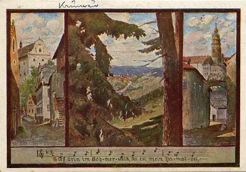 Pohlednice firmy Bayand s jeho českokrumlovským motivem