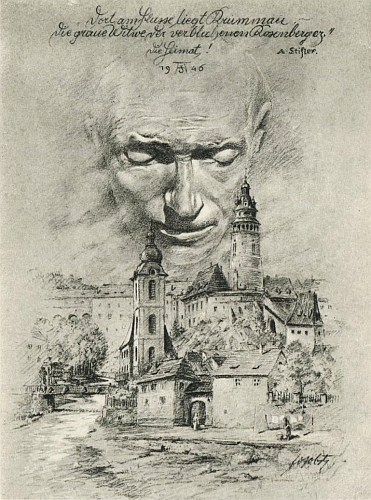 Jeho grafický list "Sudetendeutsche Landsmannschaft Nr. 1" se Stifterovým citátem