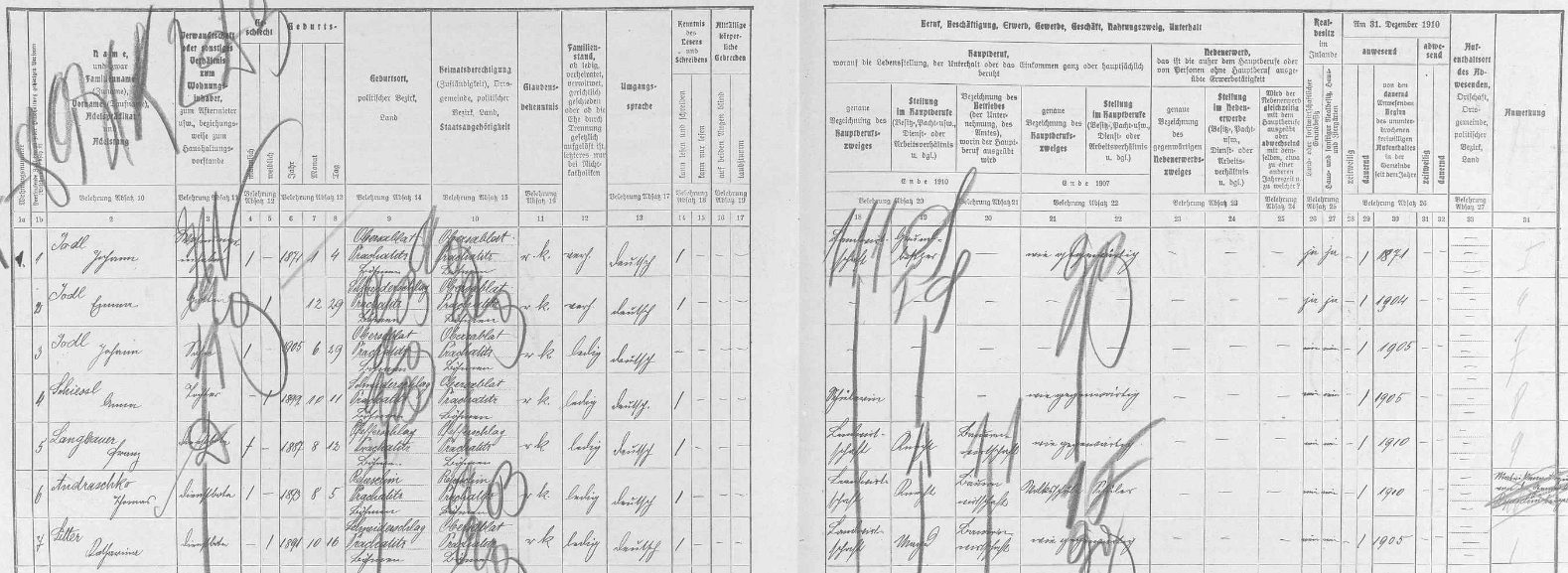 Arch sčítání lidu pro stavení čp. 30 v Horním Záblatí, kde žil sedlák Johann Jodl se svou ženou Emmou a dětmi Johannem a Annou, jakož i se třemi služebnými silami značně mladého věku