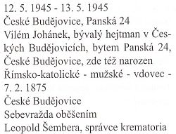 Záznam o otcově sebevraždě oběšením v květnových dnech roku 1945 z knihy zemřelých a pohřbených českobudějovického děkanského úřadu