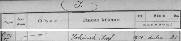 Jediný novorozenec "téhož" příjmení je v indexu písecké matriky Josef Johánek k datu 25.dubna 1905
s pozn. C voj. 15, což téměř vylučuje, že jde o někoho jiného