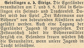 Zpráva o inscenaci "Oráče z Čech", na kterou zvou v létě 1954 pořadatelé z řad chebských vyhnanců i šumavskou mládež, nejlépe v krojích