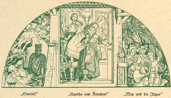 Scény z Weberova "Čarostřelce" na fresce Moritze von Schwinda ve foyer vídeňské Dvorní opery, jejímž stavitelem byl v letech 1861-1869 Josef Hlávka (architekty Eduard van der Nüll a August von Siccardsburg)