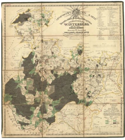 Administrativní mapa panství Vimperk z roku 1833, tedy pouhých 5 let před jeho příchodem do Vimperka (klikněte na náhled pro digitalizovanou mapu)