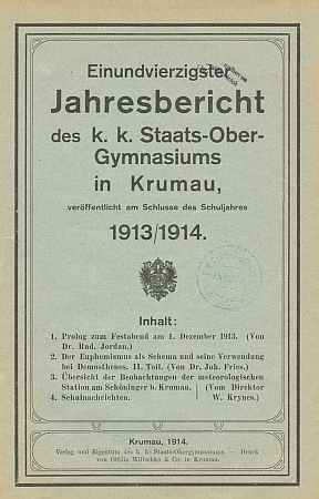 Obálka výroční zprávy německého gymnázia v Českém Krumlově s textem jeho prologu, vyšlá těsně předtím, než vypukla první světová válka