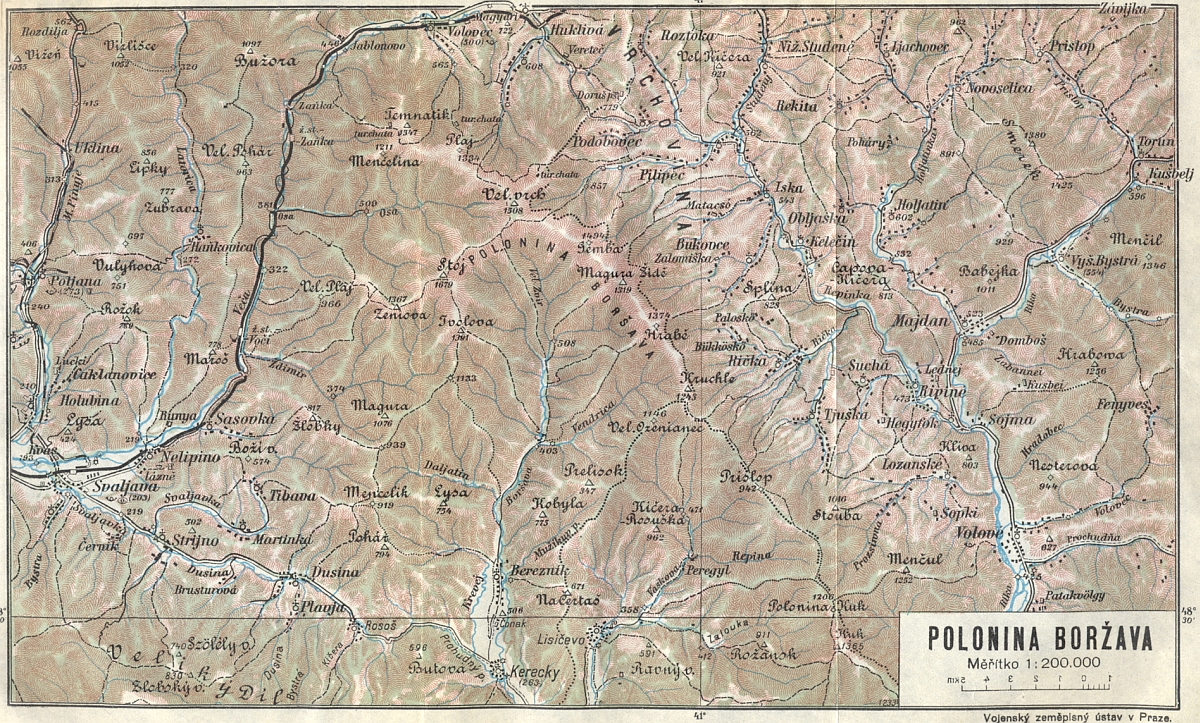 Volové (vpravo dole nad měřítkem) na mapce poloniny Boržava