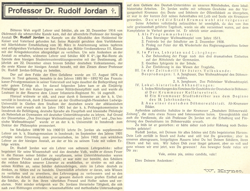 Jeho nekrolog na stránkách výroční zprávy německého gymnázia v Krumlově 1914-1915