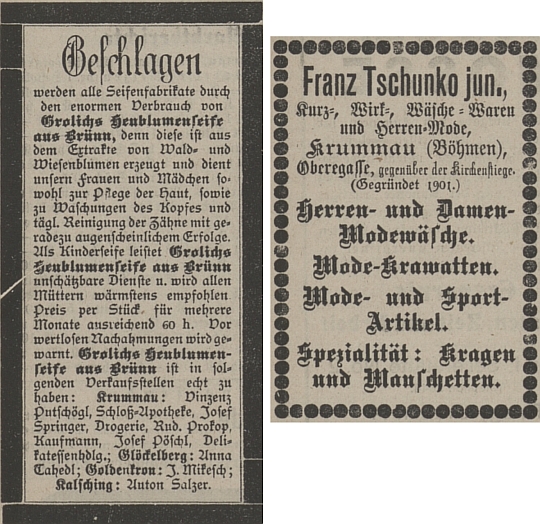 Inzerát Springerovy drogerie a Tschunkova textilního obchodu na téže straně českokrumlovského německého listu