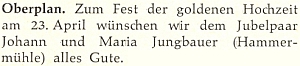 Blahopřání manželům Jungbauerovým k jejich zlaté svatbě na stránkách krajanského měsíčníku