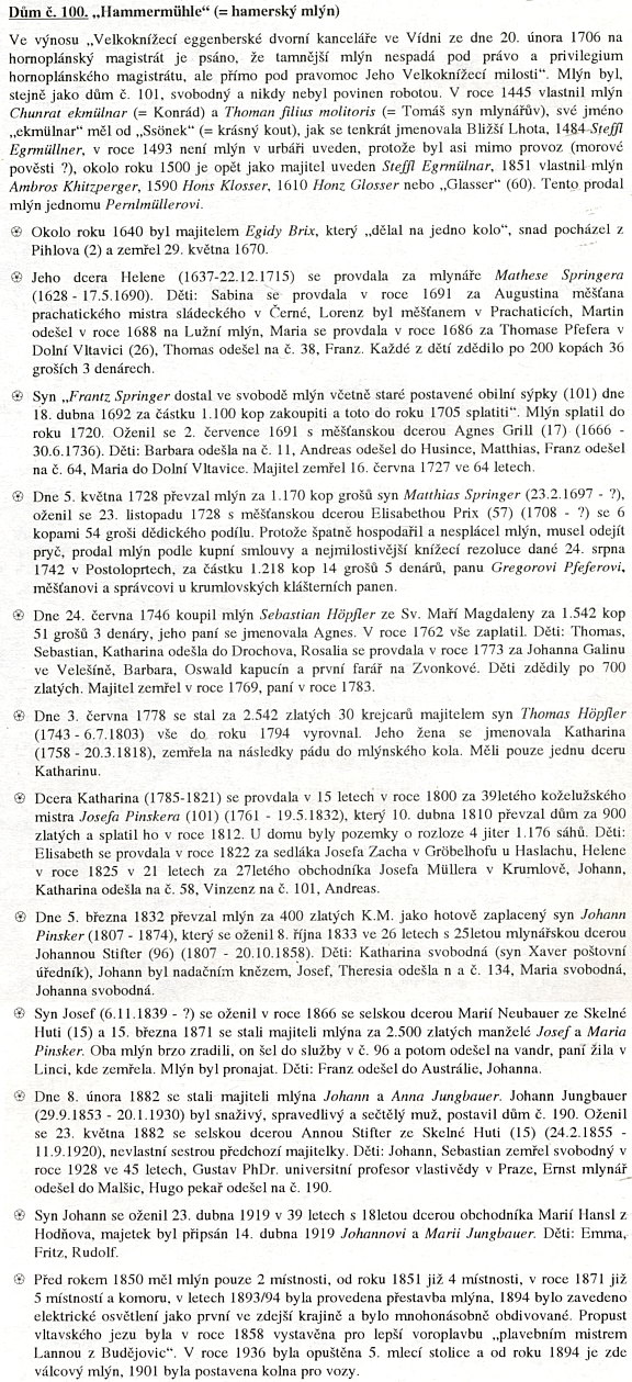 Popis vlastnických proměn "hamerského mlýna" čp. 100