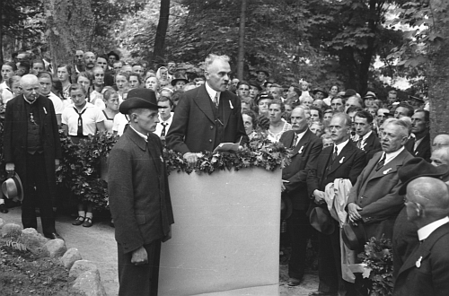 Při projevu k odhalení pamětní desky Josefu Johannu Ammannovi v Hořicích na Šumavě roku 1937 - v pozadí vlevo stojí s kloboukem v ruce hořický děkan a okresní vikář páter Paulus Heinrich, za povšimnutí stojí i dubové věnce v rukou dívek a při řečnickém pultě