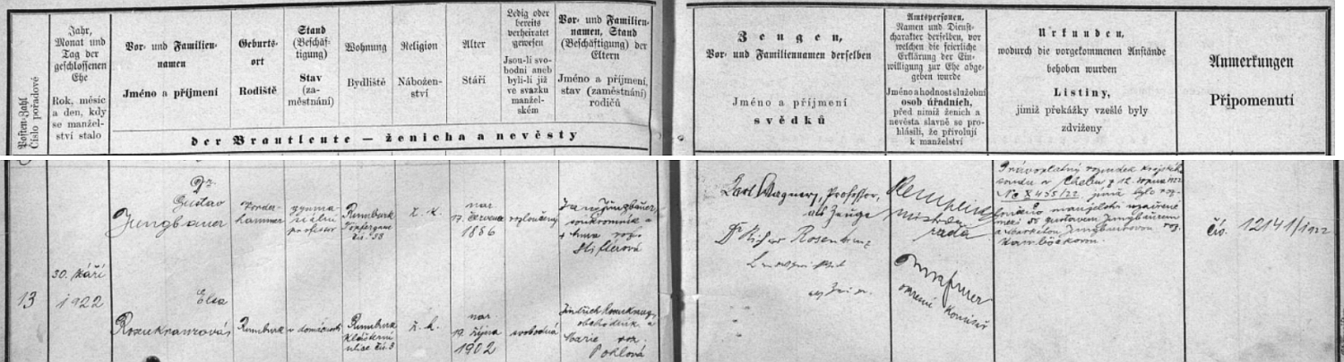 Záznam o jeho druhé svatbě v rumburské civilní matrice, první manželství bylo rozloučeno v srpnu 1922